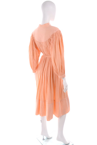 1970s Peach Cotton Gauze Gathered Yoke House Dress w/ Waist Tie