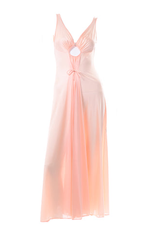 1970s Peach Pink Long Nightgown w/ Jewel & Teardrop Cutout Size Small