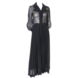 1970s Sparkle Vintage Dress Black Maxi Sheer Bodice - Dressing Vintage