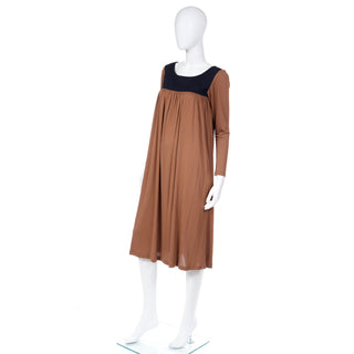 1970s Yves Saint Laurent Brown & Black Jersey Peasant Dress Sz Small