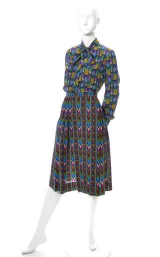 1970s Vintage Yves Saint Laurent Rive Gauche Chevron Skirt and Silk Blouse - Dressing Vintage