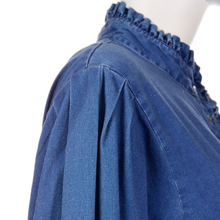 1980s Laura Ashley Ruffled High Neck Pleated Chambray Dress