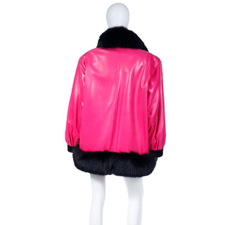 1987 Vintage YSL Pink Leather Couture Coat with Black Fur Trim