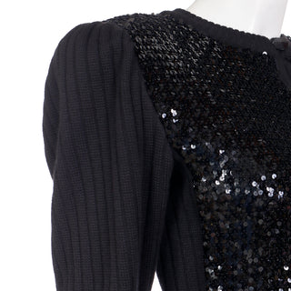1980s YSL Black Sequin Skirt Suit with Ribbed Sweater Sleeves