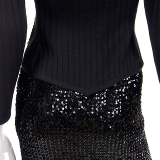 1980s YSL Black Sequin Skirt Suit with Pointed Hemline Sweater