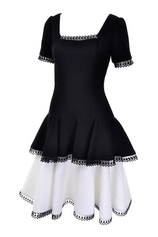 1980s Victor Costa Black and White Waffle Weave Vintage Dress