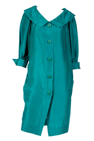 Early 1980s Yves Saint Laurent Green Silk Dress w Chelsea Collar