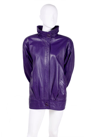 High collar purple leather bomber jacket