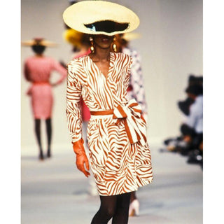 YSL 1988 Yves Saint Laurent Vintage Abstract Orange Zebra stripe Silk Dress