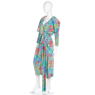 1989 Yves Saint Laurent YSL Floral Silk Wrap Dress With Sash L