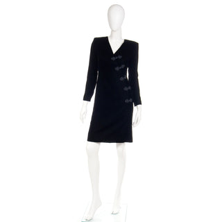 1990s Yves Saint Laurent Long Sleeve Black Velvet Dress w Frog Closures