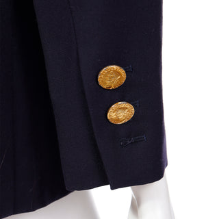 YSL 1991 Yves Saint Laurent Navy Blue Wool Blazer Jacket With Coin Buttons M