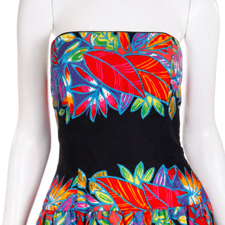 1980s Vintage AJ Bari Strapless Tropical Print Dress Bold colors
