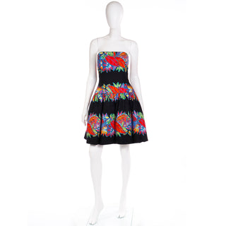 1980s Vintage AJ Bari Strapless Bold Tropical Print Dress