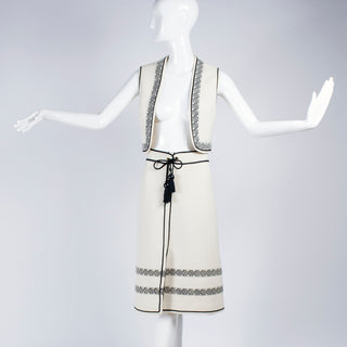 1970's Ivory and black vest and skirt ensemble with tassel belt