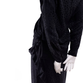 1980s Adolfo Vintage Silk Tonal Leopard Print Draped Black 2 piece Dress