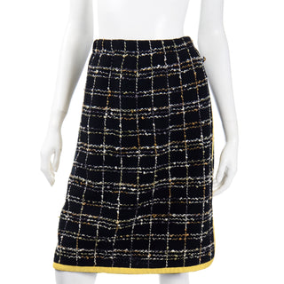 Adolfo Vintage Chanel Style Skirt & Jacket Suit in black plaid boucle wool with yellow ribbon trim