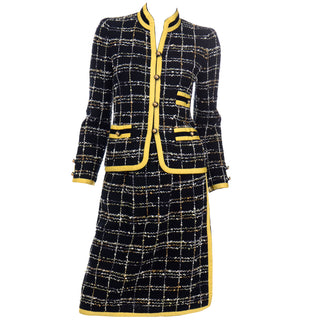 Adolfo Vintage Chanel Style Skirt & Jacket Suit in black plaid boucle wool with yellow ribbon trim 