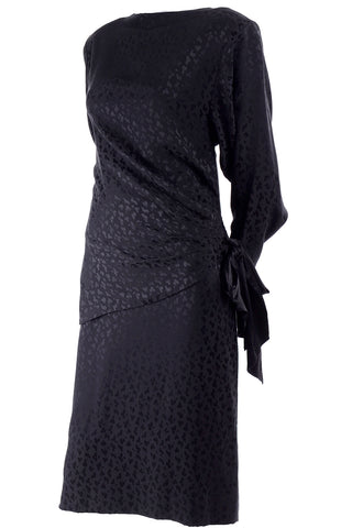 1980s Adolfo Vintage Silk Tonal Leopard Print Black 2 piece Dress