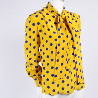 Yellow & Blue Adolfo vintage silk blouse with bow