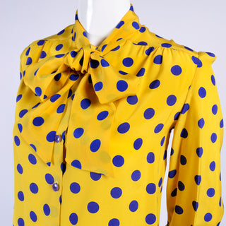 Yellow Adolfo vintage silk blouse with bow & blue dots