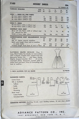 Advance 7103 Vintage sewing Pattern 1950s Dresses