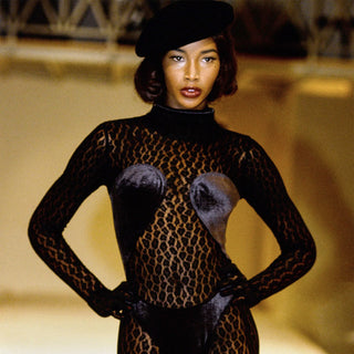 Azzedine Alaia 1991 Runway Animal Print Lace Velvet Bodysuit Top Catwalk