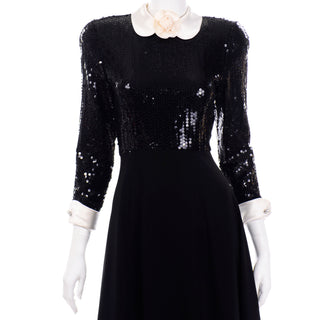 Albert Nipon Vintage Black Sequin Dress w Removable Ivory Collar & Cuffs evening gown