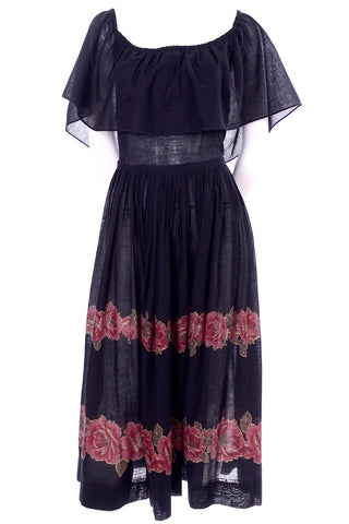 Albert Nipon 1970s Vintage Black Voile Peasant Dress