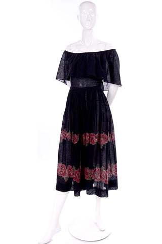 Off Shoulder Albert Nipon 1970s Vintage Black Voile Peasant Dress