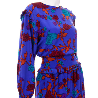 2 piece Albert Nipon Vintage Blue Red Teal and Orange Silk Floral Print Dress