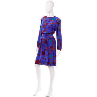 Albert Nipon Vintage Blue Red Teal and Orange Silk Floral Dress 2 pc long sleeves