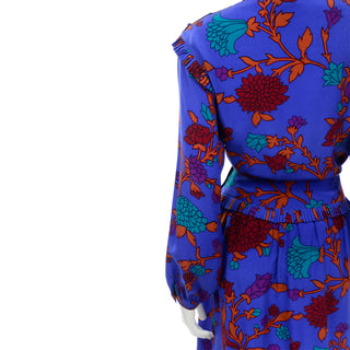 Albert Nipon Vintage Blue Red Teal and Orange Silk Floral Dress bold print