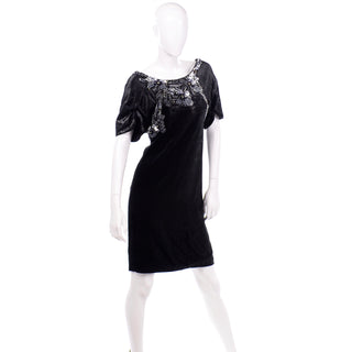 Alberta Ferretti Beaded Sequins Black Velvet Evening Dress Silk Rayon