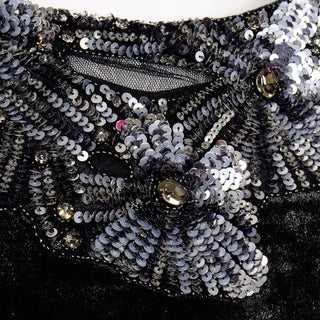 Alberta Ferretti Beaded Sequins Black Velvet Evening Dress Peek a boo mesh