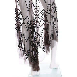 2000s Alberta Ferretti Chocolate Brown Silk Net Dress w Teal Pom Poms 10