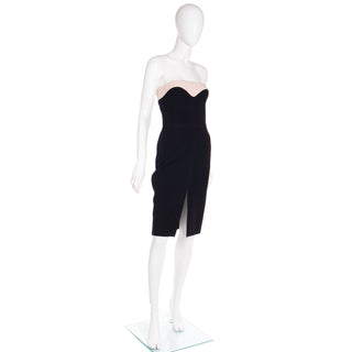 2000s Alexander Mcqueen Strapless Fitted Black Dress w Beige Trim w slit