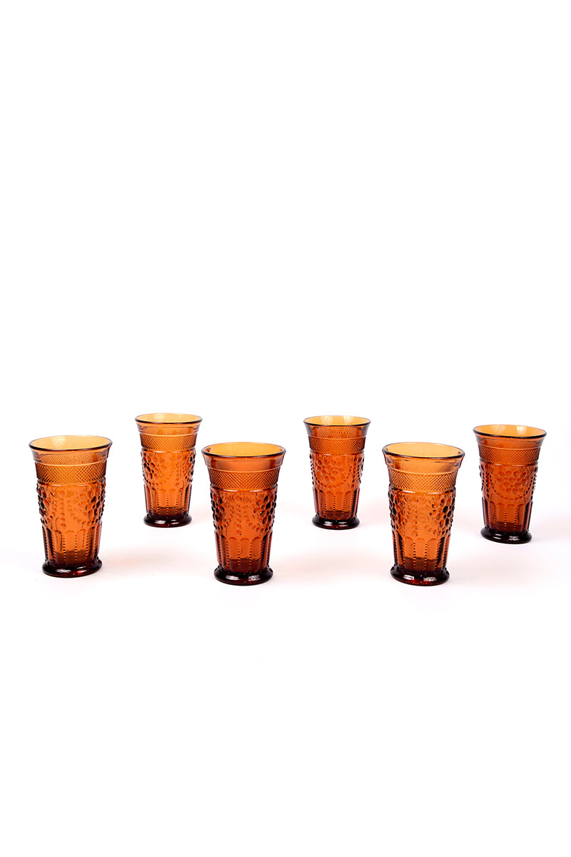 WHOLE HOUSEWARES Amber Glassware Vintage-Pressed Set of 6