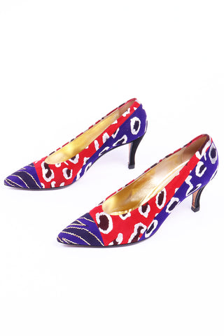 1980s Andrea Pfister Red Blue & Gold Abstract Leopard Print Shoes