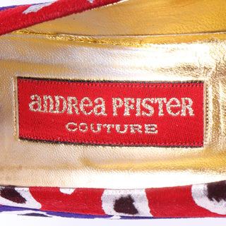 1980s Andrea Pfister Red Blue & Gold Abstract Leopard Print Shoes size 6.5