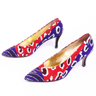 1980s Andrea Pfister Red Blue & Gold Abstract Leopard Print Shoes size 6 and 1/2