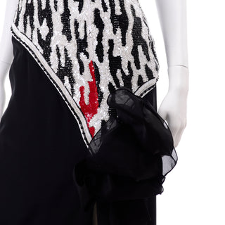 80s Vintage Ann Lawrence Red Black & White Beaded Sequins Strapless Dress