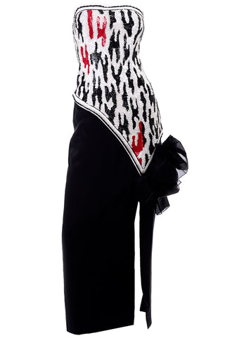 1980s Ann Lawrence Red Black & White Beaded Sequins Strapless Dress