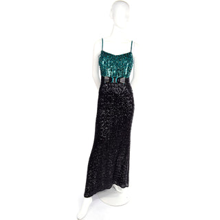1990s Badgley Mischka Black Evening Dress W Green Beads & Sequins size 8