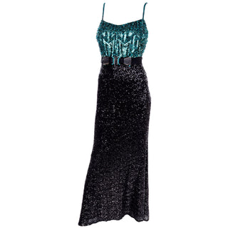 Vintage 1990s Badgley Mischka Black Evening Dress W Green Beads & Sequins size 8