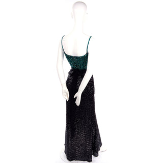 1990s Badgley Mischka Black Evening Dress W Green Beads & Sequins Spaghetti straps