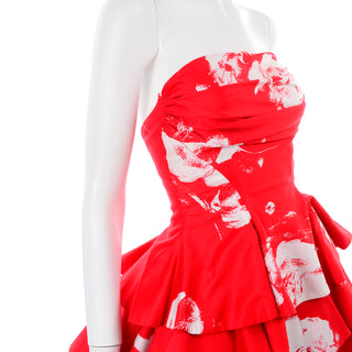 Vintage Barboglio Cristina Jan 2 Pc Strapless Ruffled Peplum Dress in Red Floral Print