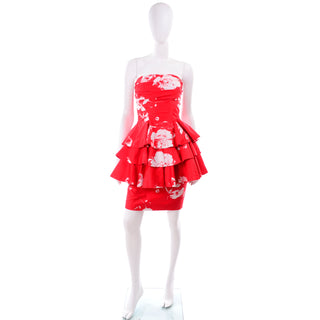 Vintage Barboglio Cristina Jan 2 Pc Strapless Peplum Dress in Red Floral Print 80s