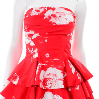 Vintage Barboglio Cristina Jan 2 Pc Strapless Peplum Dress in Red Floral Print w Ruffles
