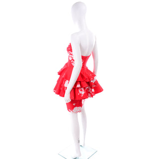 Vintage Barboglio Cristina Jan 2 Pc Strapless Peplum Dress in Red Floral Print 80s 90s